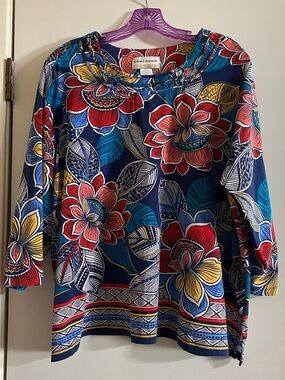 Alfred Dunner Navy Floral Printed Scoop Neck Top